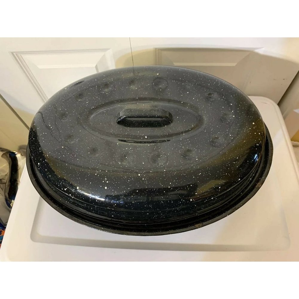 Vintage Cobalt‎ Blue Graniteware Roaster 17"  x 12" Enamelware Pot Splatt…